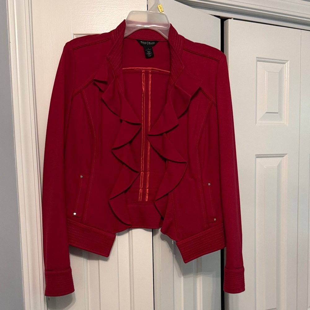 White House Black Market Red Ruffle Open-Front Jacket